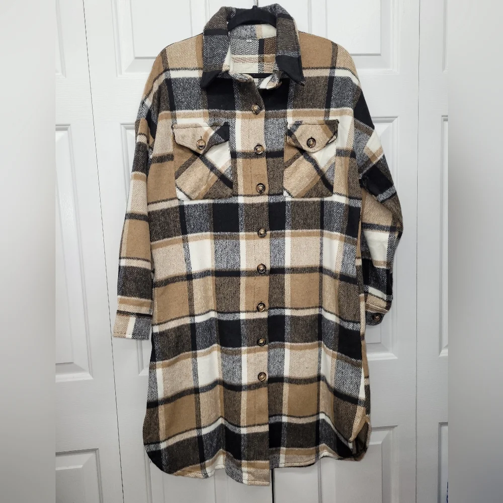 Women's Casual Plaid Long Shacket Shirt Jacket Button Front Oversized Lapel Coat